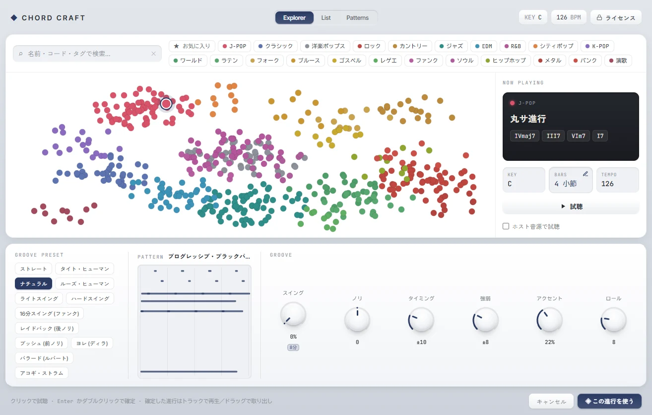 Chord Craft の Explorer 画面。ジャンルごとに色分けされた進行のドットが地図のように広がり、選んだ進行が右の Now Playing に表示されている。